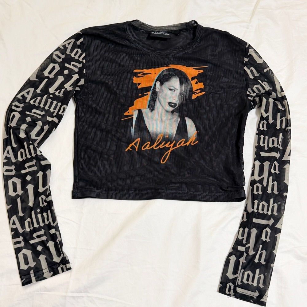 Aaliyah Mesh Long Sleeve Crop Top Black Graphic XS‎ (14-16) Y2K 90s Streetwear